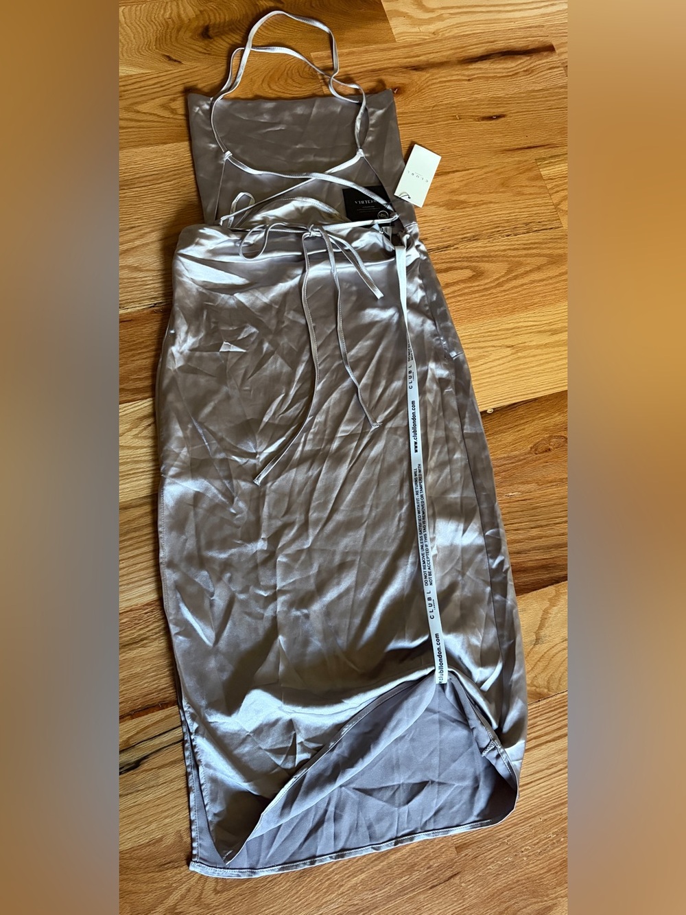 Beautiful Vibe Silver Satin Midi dress with Adjustable Ties